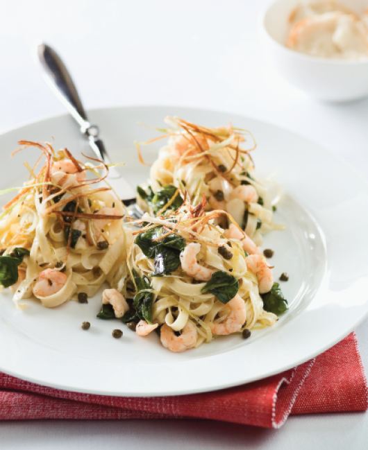 linguini aux poireaux et aux epinards avec crevettes